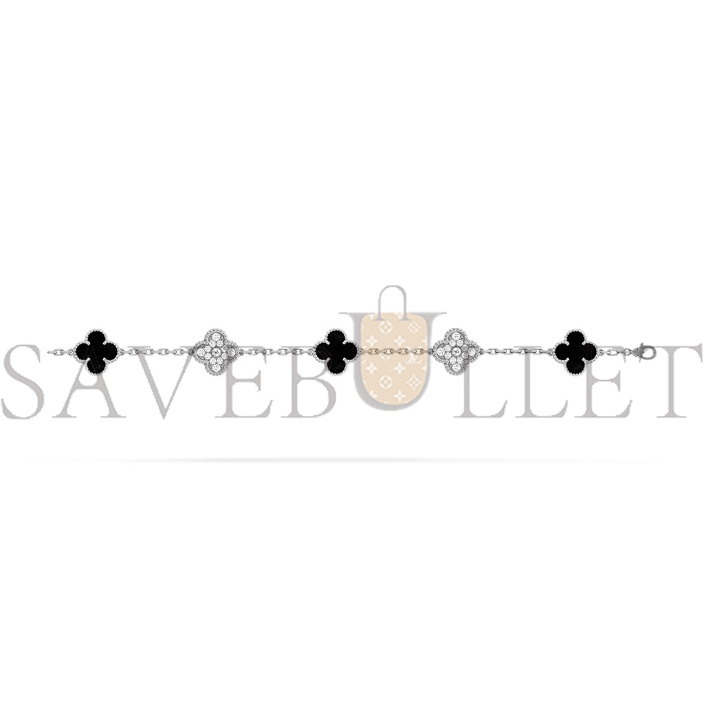 VAN CLEEF ARPELS VINTAGE ALHAMBRA BRACELET, 5 MOTIFS - WHITE GOLD, DIAMOND, ONYX  VCARP2R900